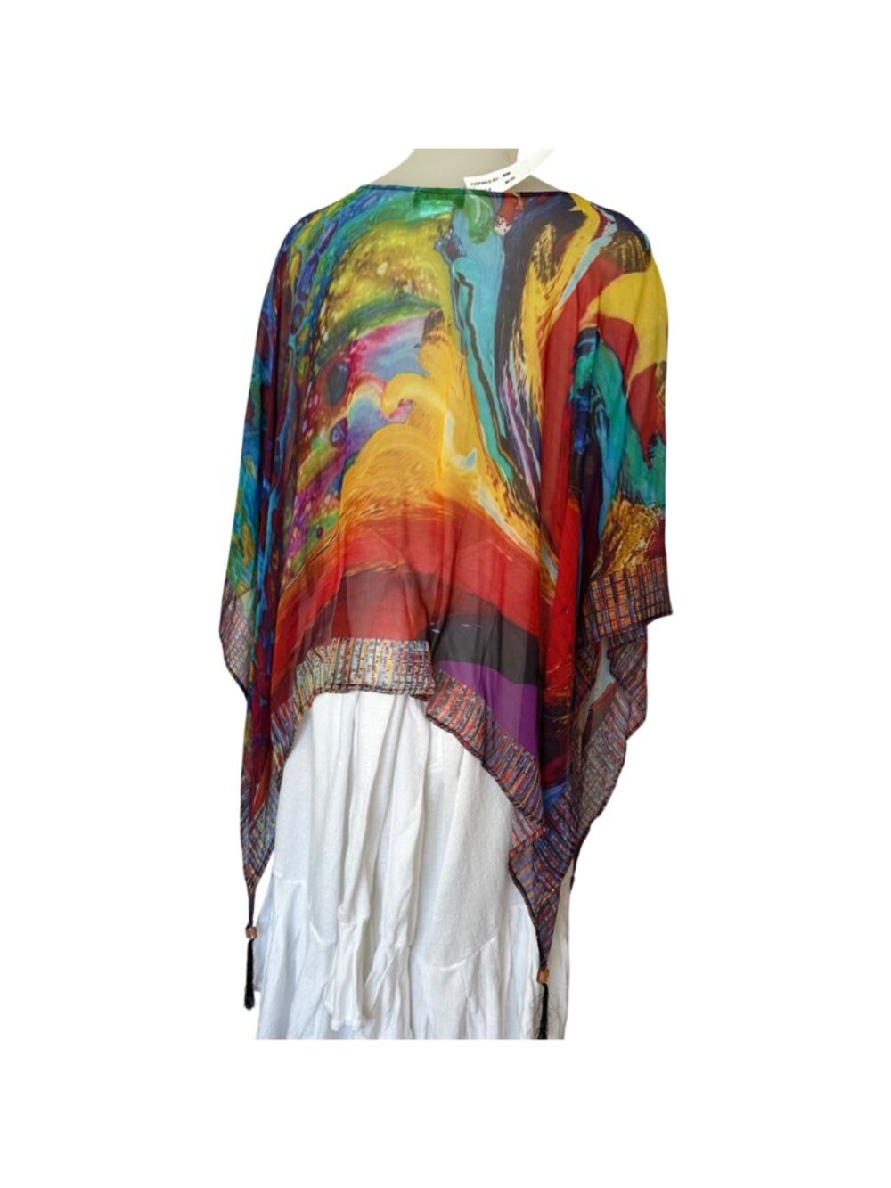 Dilemma New York Art to Wear Silk Poncho Rainbow Colorful Womens O/S Tassels - Picture 2 of 9